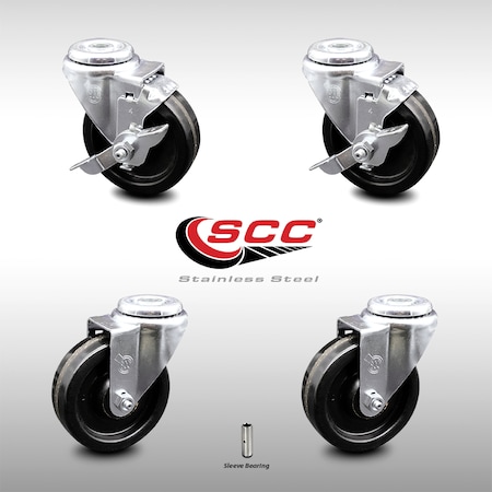 Service Caster 4 Inch SS Phenolic Wheel Swivel Bolt Hole Caster Set with 2 Brake SCC-SSBH20S414-PHS-2-TLB-2